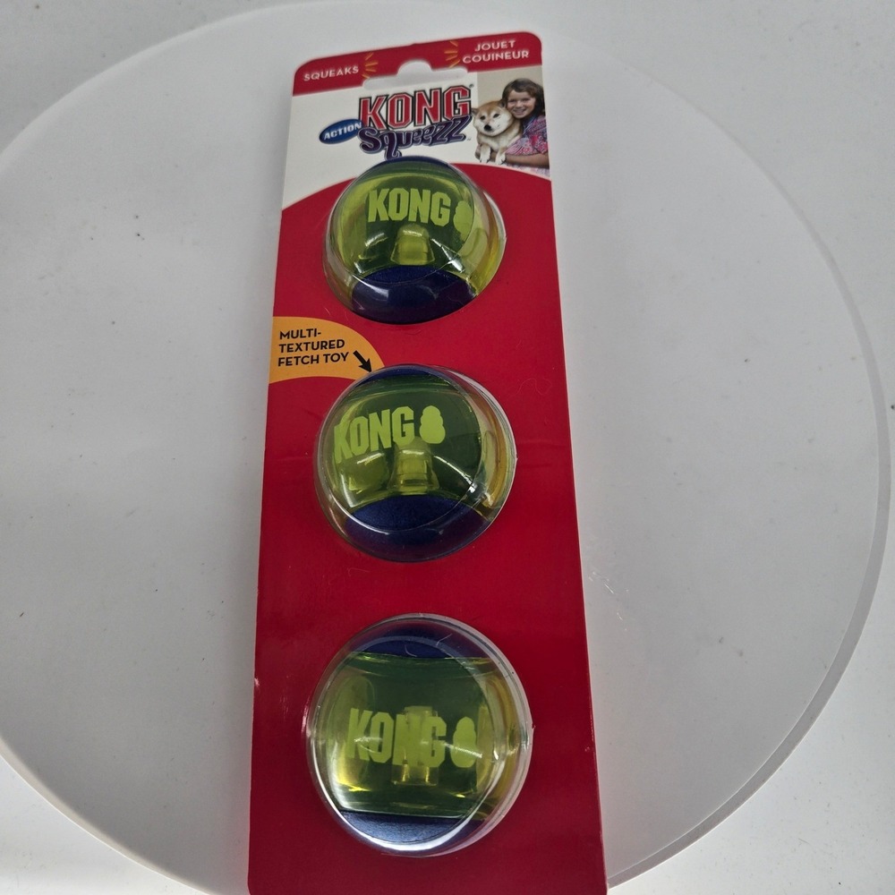 KONG Squeezz Action Ball Dog Toy 3-Pack Blue Yellow Small Squeaky Fetch PSA31
